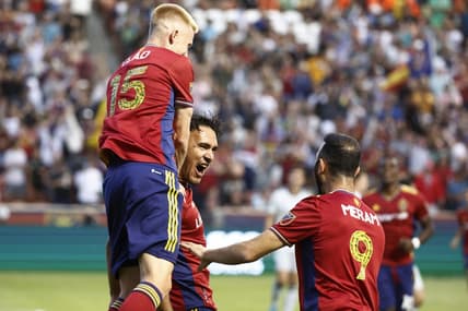 Jun 18, 2022; Sandy, Utah, USA; Real Salt Lake defender Marcelo Silva (30) is congratulated by defender Justen Glad (15) and forward Justin Meram (9) celebrates after his first half goal against the San Jose Earthquakes at Rio Tinto Stadium. Mandatory Credit: Jeffrey Swinger-USA TODAY Sports