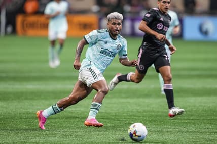 Jun 19, 2022; Atlanta, Georgia, USA; Atlanta United forward Josef Martinez (7) passes the ball against Inter Miami during the second half at Mercedes-Benz Stadium. Mandatory Credit: Dale Zanine-USA TODAY Sports