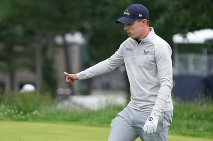 Jun 19, 2022; Brookline, Massachusetts, USA; Matt Fitzpatrick acknowledges the crowd during the final round of the U.S. Open golf tournament. Mandatory Credit: John David Mercer-USA TODAY Sports