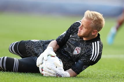 Jun 19, 2022; New York, New York, USA; Colorado Rapids goalkeeper William Yarbrough (22) secures the ball during a save against New York City FC during the second half at Yankee Stadium. Mandatory Credit: Vincent Carchietta-USA TODAY Sports