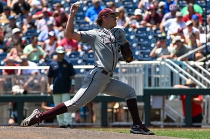 Jun 21, 2022; Omaha, NE, USA;  Texas A&M Aggies pitcher Nathan Dettmer (35) throws against the Notre Dame Fighting Irish in the first inning at Charles Schwab Field. Mandatory Credit: Steven Branscombe-USA TODAY Sports