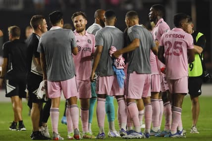 Jun 25, 2022; Fort Lauderdale, Florida, USA; Inter Miami CF midfielder Indiana Vassilev (17) celebrates with teammates after defeating Minnesota United at DRV PNK Stadium. Mandatory Credit: Sam Navarro-USA TODAY Sports