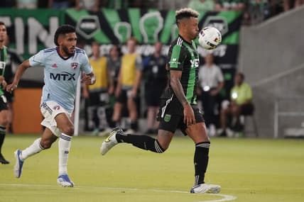 Jun 25, 2022; Austin, Texas, USA; Austin FC defender Julio Cascante (18) controls the ball against FC Dallas in the second half at Q2 Stadium. Mandatory Credit: Scott Wachter-USA TODAY Sports