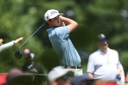 Jun 26, 2022; Cromwell, Connecticut, USA; J.T. Poston plays a shot from the first tee during the final round of the Travelers Championship golf tournament. Mandatory Credit: Vincent Carchietta-USA TODAY Sports