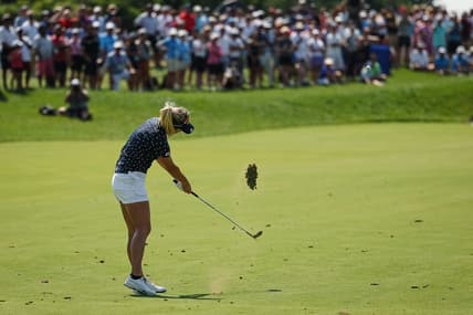 Jun 26, 2022; Bethesda, Maryland, USA; Lexi Thompson plays her shot on the 17th hole during the final round of the KPMG Women's PGA Championship golf tournament at Congressional Country Club. Mandatory Credit: Scott Taetsch-USA TODAY Sports