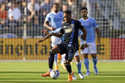 Jun 26, 2022; Philadelphia, Pennsylvania, USA; Philadelphia Union midfielder Jose Andres Martinez (8) controls the ball against New York City FC during the first half at Subaru Park. Mandatory Credit: Gregory Fisher-USA TODAY Sports
