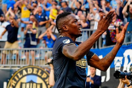 Jun 26, 2022; Philadelphia, Pennsylvania, USA; Philadelphia Union forward Cory Burke (19) reacts after scoring a goal against New York City FC during the second half at Subaru Park. Mandatory Credit: Gregory Fisher-USA TODAY Sports