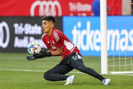 Jun 30, 2022; Harrison, New Jersey, USA; Atlanta United goalkeeper Rocco Rios Novo (34) during warm ups before the game against the New York Red Bulls at Red Bull Arena. Mandatory Credit: Vincent Carchietta-USA TODAY Sports
