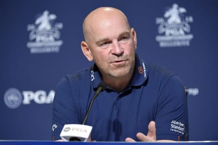 Aug 7, 2018; St. Louis, MO, USA; Thomas Bjorn captain for the 2018 European Ryder Cup addresses the media during a press conference before Tuesdays practice round of the PGA Championship golf tournament at Bellerive Country Club. Mandatory Credit: John David Mercer-USA TODAY Sports