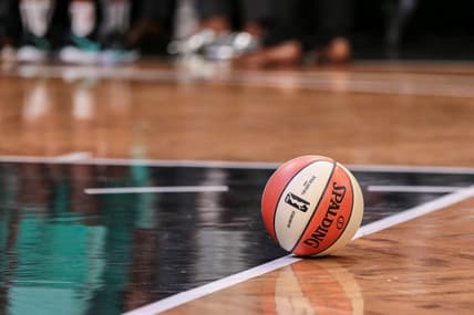 May 9, 2019; New York City, NY, USA; A general view of the game ball during the preseason WNBA game between the New York Liberty and the China National Team at Barclays Center.  Mandatory Credit: Vincent Carchietta-USA TODAY Sports