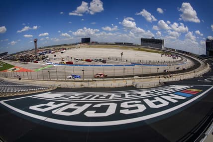Jul 19, 2020; Fort Worth, TX, USA; A view of the NASCAR logo cover during the O'Reilly Auto Parts 500 race at Texas Motor Speedway. Mandatory Credit: Jerome Miron-USA TODAY Sports