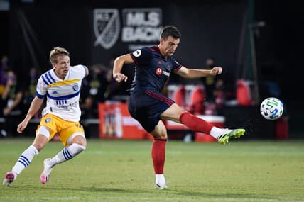 Jul 19, 2020; Kissimmee, FL, USA; Chicago Fire midfielder Luka Stojanovic (8) looks to kick the ball during the first half against the San Jose Earthquakes at ESPN Wide World of Sports. Mandatory Credit: Douglas DeFelice-USA TODAY Sports