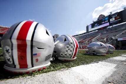 Sep 18, 2021; Columbus, Ohio, USA; Ohio State Buckeyes helmets before the game against the Tulsa Golden Hurricane at Ohio Stadium. Mandatory Credit: Joseph Maiorana-USA TODAY Sports