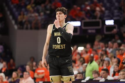 Feb 23, 2022; Clemson, South Carolina, USA; Wake Forest Demon Deacons forward Jake LaRavia (0) reacts after making a three point shot against the Clemson Tigers during the second half at Littlejohn Coliseum. Mandatory Credit: Dawson Powers-USA TODAY Sports