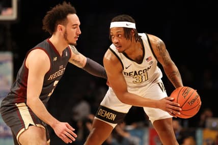 Mar 9, 2022; Brooklyn, NY, USA; Wake Forest Demon Deacons guard Alondes Williams (31) controls the ball against Boston College Eagles guard Jaeden Zackery (3) during the first half at Barclays Center. Mandatory Credit: Brad Penner-USA TODAY Sports