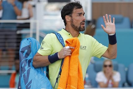 Mar 27, 2022; Miami Gardens, FL, USA; Fabio Fognini (ITA) waves to the crowd while leaving the court after his match against Nick Kyrgios (AUS)(not pictured) in a third round men's singles match in the Miami Open at Hard Rock Stadium. Mandatory Credit: Geoff Burke-USA TODAY Sports
