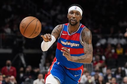 Apr 6, 2022; Atlanta, Georgia, USA; Washington Wizards guard Kentavious Caldwell-Pope (1) passes the ball against the Atlanta Hawks during the first half at State Farm Arena. Mandatory Credit: Dale Zanine-USA TODAY Sports