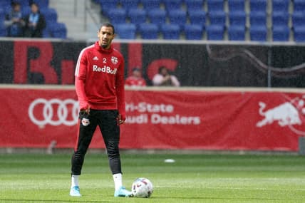 Apr 9, 2022; Harrison, New Jersey, USA; New York Red Bulls defender Lucas Monzon (2) warms up before the game against the CF Montreal at Red Bull Arena. Mandatory Credit: Vincent Carchietta-USA TODAY Sports