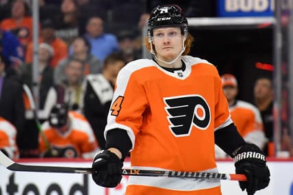 Apr 13, 2022; Philadelphia, Pennsylvania, USA; Philadelphia Flyers right wing Owen Tippett (74) against the New York Rangers at Wells Fargo Center. Mandatory Credit: Eric Hartline-USA TODAY Sports