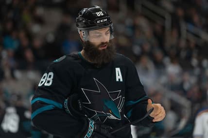 Apr 21, 2022; San Jose, California, USA;  San Jose Sharks defenseman Brent Burns (88) during the first period against the St. Louis Blues at SAP Center at San Jose. Mandatory Credit: Stan Szeto-USA TODAY Sports