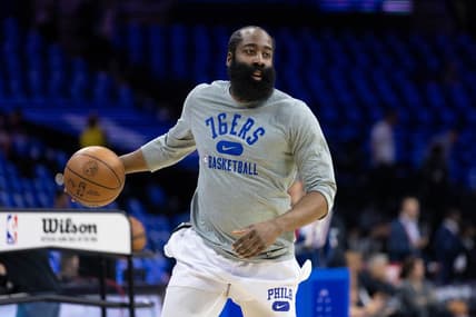 May 12, 2022; Philadelphia, Pennsylvania, USA; Philadelphia 76ers guard James Harden warms up before action against the Miami Heat in game six of the second round of the 2022 NBA playoffs at Wells Fargo Center. Mandatory Credit: Bill Streicher-USA TODAY Sports