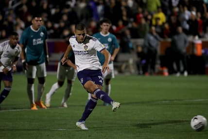 May 11, 2022; Irvine, California, USA;  Los Angeles Galaxy forward Dejan Joveljic (99) kicks penalty kick during the first half against the California United Strikers FC at Championship Soccer Stadium. Mandatory Credit: Kiyoshi Mio-USA TODAY Sports