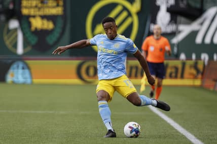 May 22, 2022; Portland, Oregon, USA; Philadelphia Union forward Sergio Santos (17) kicks the ball against the Portland Timbers during the first half at Providence Park. Mandatory Credit: Soobum Im-USA TODAY Sports