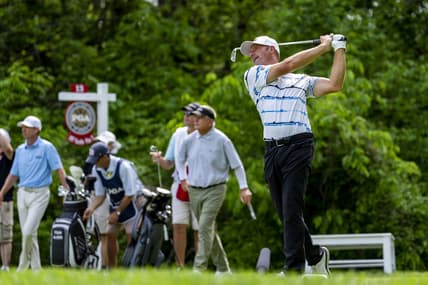 May 29, 2022; Benton Harbor, Michigan, USA; Alex Cejka hits his tee shot on the thirteenth hole during the final round of the 2022 KitchenAid Senior PGA Championship at Harbor Shores. Mandatory Credit: Raj Mehta-USA TODAY Sports