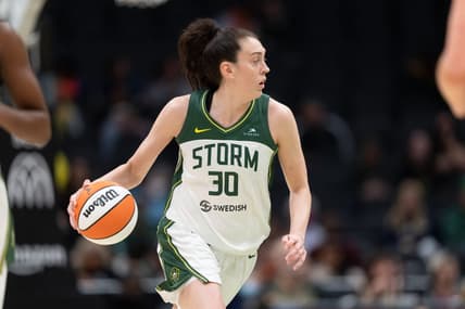 May 29, 2022; Seattle, Washington, USA; Seattle Storm forward Breanna Stewart (30) dribbles the ball against the New York Liberty at Climate Pledge Arena. Mandatory Credit: Stephen Brashear-USA TODAY Sports