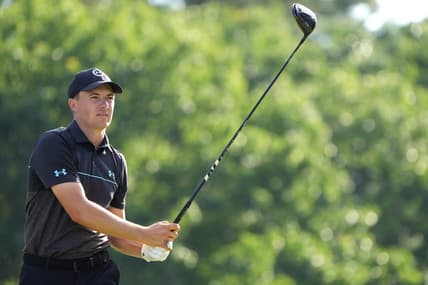 Jun 17, 2022; Brookline, Massachusetts, USA; Jordan Spieth watches his shot from the eighth tee during the second round of the U.S. Open golf tournament. Mandatory Credit: John David Mercer-USA TODAY Sports