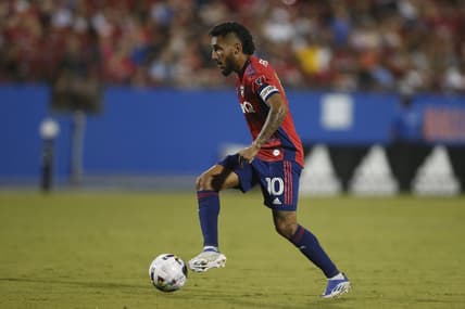 Jun 18, 2022; Frisco, Texas, USA; FC Dallas forward Jesus Ferreira (10) controls the ball against the Vancouver Whitecaps in the second half at Toyota Stadium. Mandatory Credit: Tim Heitman-USA TODAY Sports