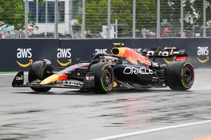 Jun 18, 2022; Montreal, Quebec, CAN; Red Bull Racing driver Sergio Perez of Mexico exits the fourteenth turn during the third free practice session at Circuit Gilles Villeneuve. Mandatory Credit: David Kirouac-USA TODAY Sports