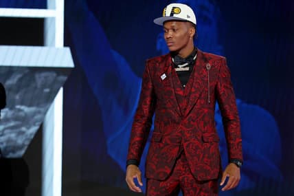 Jun 23, 2022; Brooklyn, NY, USA; Bennedict Mathurin (Arizona) reacts after being selected as the number six overall pick by the Indiana Pacers in the first round of the 2022 NBA Draft at Barclays Center. Mandatory Credit: Brad Penner-USA TODAY Sports