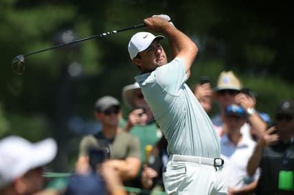Jun 26, 2022; Cromwell, Connecticut, USA; Scottie Scheffler plays a shot from the first tee during the final round of the Travelers Championship golf tournament. Mandatory Credit: Vincent Carchietta-USA TODAY Sports