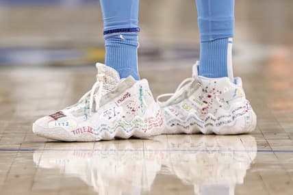 Jun 26, 2022; Chicago, Illinois, USA; Chicago Sky forward Candace Parker (3) shoes are seen during the first half of a WNBA game at Wintrust Arena. Mandatory Credit: Kamil Krzaczynski-USA TODAY Sports