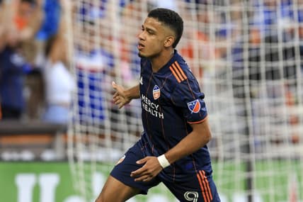Jun 29, 2022; Cincinnati, Ohio, USA; FC Cincinnati forward Brenner (9) celebrates scoring a goal against New York City FC in the first half at TQL Stadium. Mandatory Credit: Aaron Doster-USA TODAY Sports