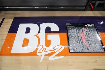 Jun 29, 2022; Phoenix, Arizona, USA; BG42 signage is shown on the court at Footprint Center in support of Phoenix Mercury center Brittney Griner (not pictured) prior to the game between the Phoenix Mercury and the Indiana Fever. Mandatory Credit: Joe Camporeale-USA TODAY Sports