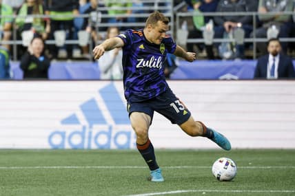 Jun 29, 2022; Seattle, Washington, USA; Seattle Sounders FC forward Jordan Morris (13) passes against CF Montreal during the second half at Lumen Field. Mandatory Credit: Joe Nicholson-USA TODAY Sports