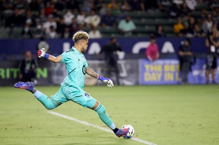 Jun 29, 2022; Carson, California, USA;  Minnesota United FC goalkeeper Dayne St. Clair (97) kicks the ball during the second half against the Los Angeles Galaxy at Dignity Health Sports Park. Mandatory Credit: Kiyoshi Mio-USA TODAY Sports