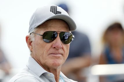 Jul 2, 2022; Portland, Oregon, USA; Greg Norman, CEO and commissioner of LIV Golf looks on from the first tee  box during the final round of the LIV Golf tournament at Pumpkin Ridge Golf Club. Mandatory Credit: Soobum Im-USA TODAY Sports