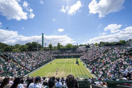 Jul 3, 2022; London, United Kingdom; General view of Court 2 during the Marie Bouzkova (CZE) and Caroline Garcia (FRA) match on day seven at All England Lawn Tennis and Croquet Club. Mandatory Credit: Susan Mullane-USA TODAY Sports