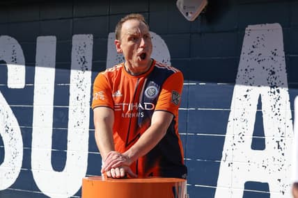 Jul 3, 2022; New York, New York, USA; American competitive eater Joey Chestnut ignited the smoke stacksbefore the game between New York City FC and Atlanta United at Yankee Stadium. Mandatory Credit: Vincent Carchietta-USA TODAY Sports