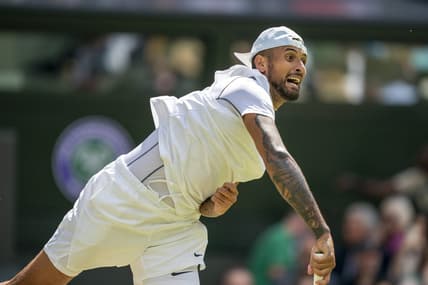 Jul 4, 2022; London, United Kingdom; Nick Kyrgios (AUS) serves during his match against Brandon Nakashima (USA) on day eight at All England Lawn Tennis and Croquet Club. Mandatory Credit: Susan Mullane-USA TODAY Sports
