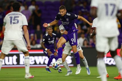 Jul 4, 2022; Orlando, Florida, USA; Orlando City forward Ercan Kara (9) controls the ball against D.C. United in the second half at Exploria Stadium. Mandatory Credit: Nathan Ray Seebeck-USA TODAY Sports