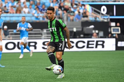 Jun 30, 2022; Charlotte, North Carolina, USA; Austin FC forward Sebastian Driussi (7) passes the ball in the first half at Bank of America Stadium. Mandatory Credit: Bob Donnan-USA TODAY Sports