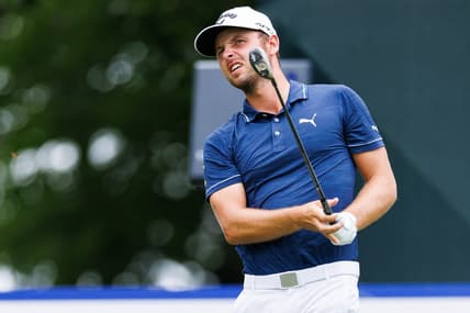 Jul 8, 2022; Nicholasville, Kentucky, USA; Adam Svensson plays his shot from the 12th tee during the second round of the Barbasol Championship golf tournament. Mandatory Credit: Jordan Prather-USA TODAY Sports