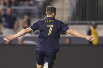 Jul 8, 2022; Chester, Pennsylvania, USA; Philadelphia Union forward Mikael Uhre (7) reacts after scoring a goal against D.C. United in the second half at Subaru Park. Mandatory Credit: Mitchell Leff-USA TODAY Sports