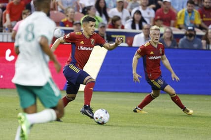 Jul 9, 2022; Sandy, Utah, USA; Real Salt Lake forward Jefferson Savarino (11) sets up for his goal in the first half against the Colorado Rapids at Rio Tinto Stadium. Mandatory Credit: Jeffrey Swinger-USA TODAY Sports