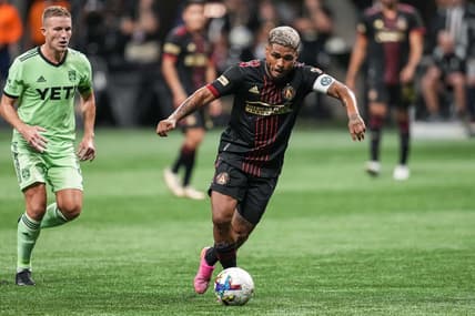 Jul 9, 2022; Atlanta, Georgia, USA; Atlanta United forward Josef Martinez (7) advances the ball against Austin FC during the second half at Mercedes-Benz Stadium. Mandatory Credit: Dale Zanine-USA TODAY Sports