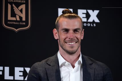 Jul 11, 2022; Los Angeles, CA, USA; LAFC forward Gareth Bale reacts during introductory press conference at Banc of California Stadium. Mandatory Credit: Kirby Lee-USA TODAY Sports